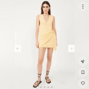 Free People Pale Yellow V-Neck Tie-Wrap Mini Dress